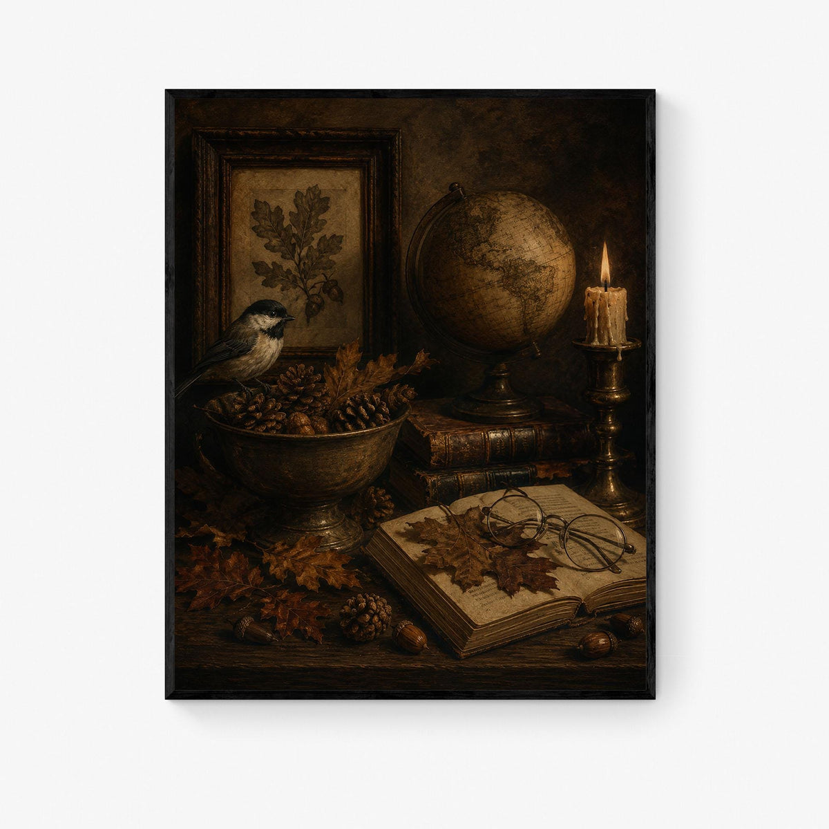 Dark Academia Fall Wall Art Print, Autumn Vintage Library, Botanical Bird, Home Decor
