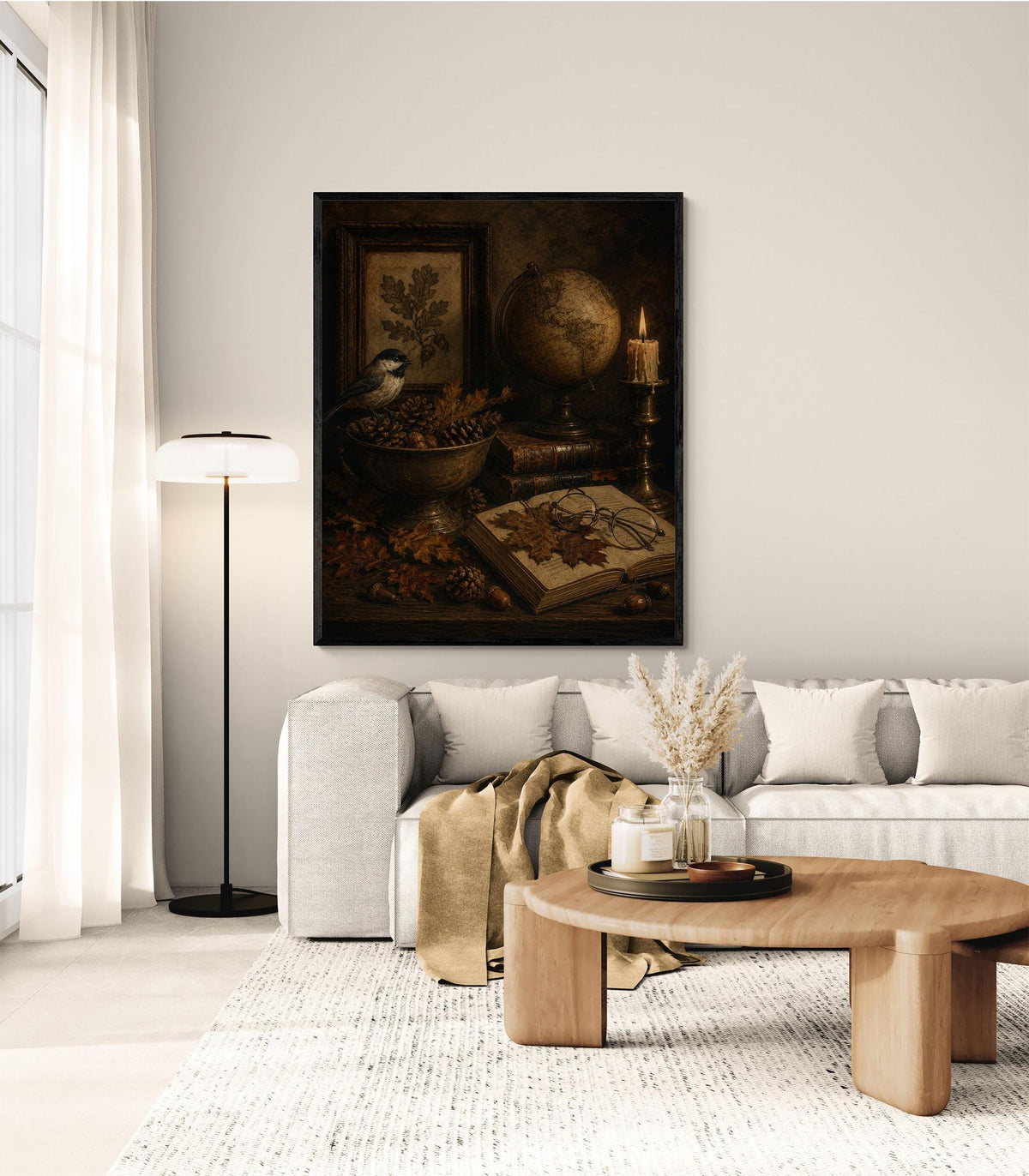Dark Academia Fall Wall Art Print, Autumn Vintage Library, Botanical Bird, Home Decor