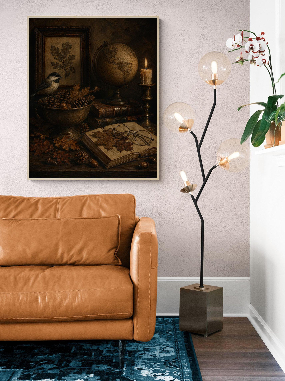 Dark Academia Fall Wall Art Print, Autumn Vintage Library, Botanical Bird, Home Decor