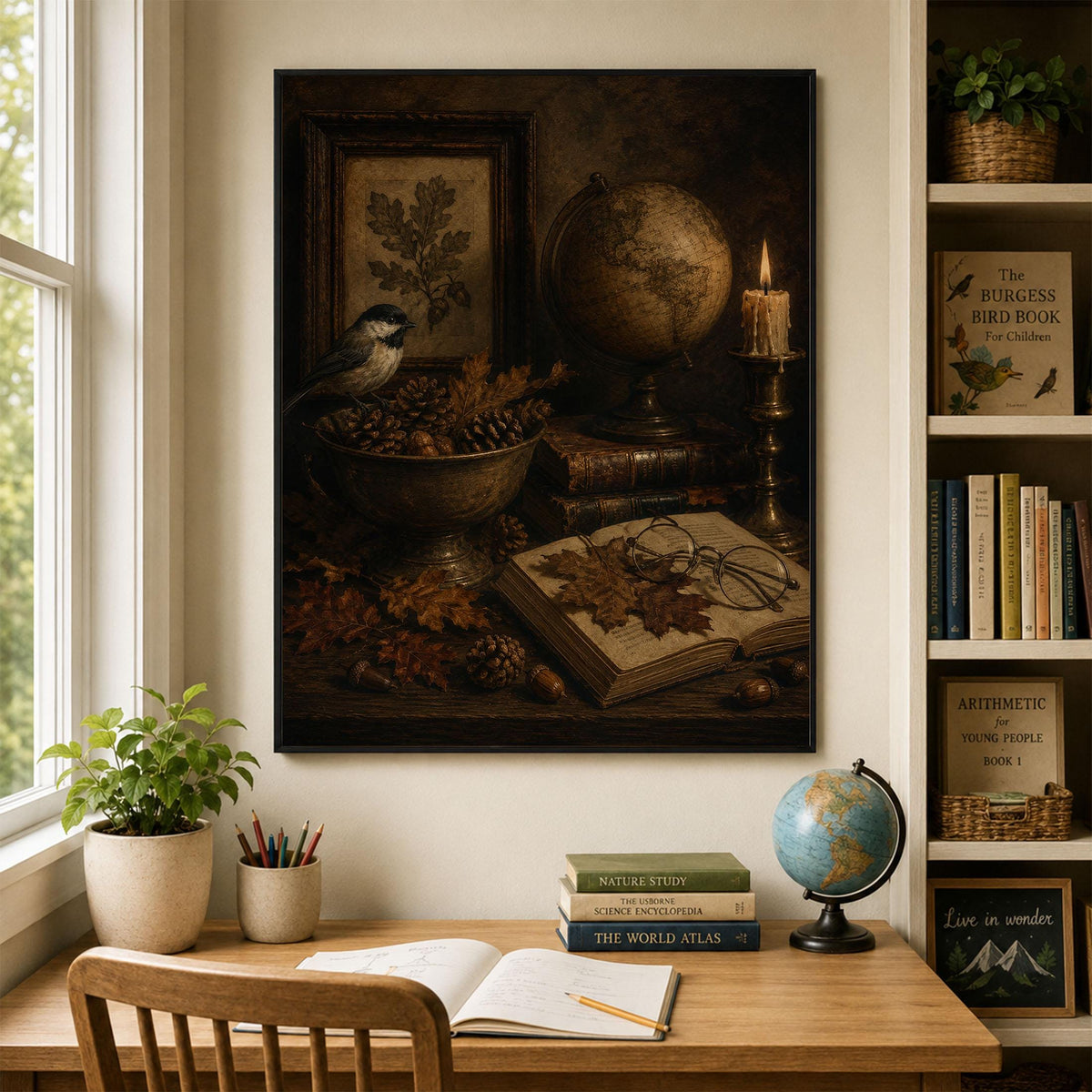 Dark Academia Fall Wall Art Print, Autumn Vintage Library, Botanical Bird, Home Decor