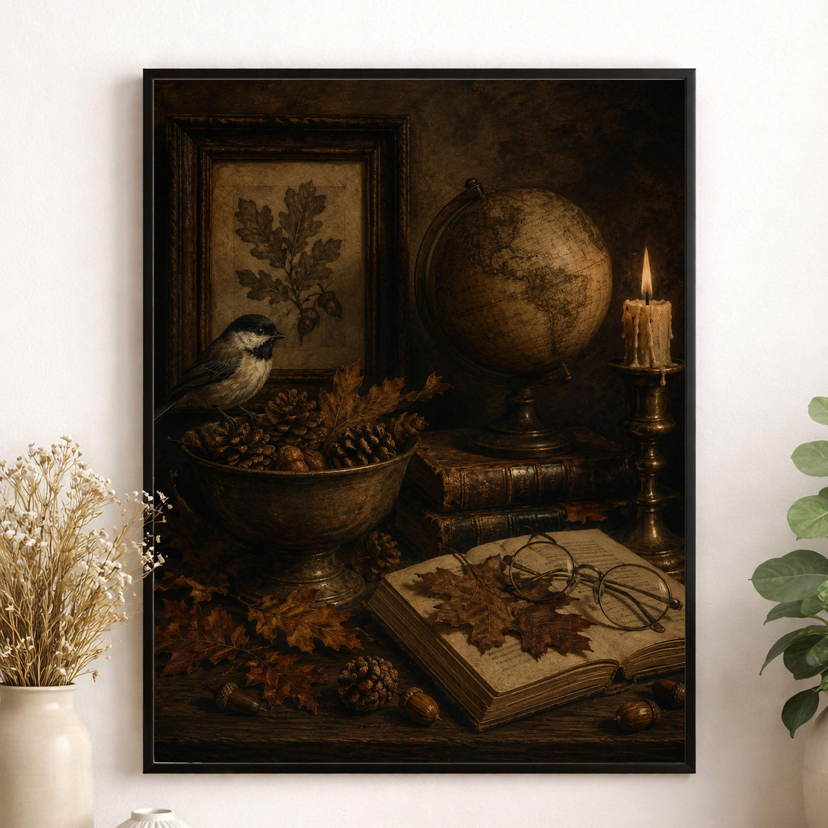 Dark Academia Fall Wall Art Print, Autumn Vintage Library, Botanical Bird, Home Decor