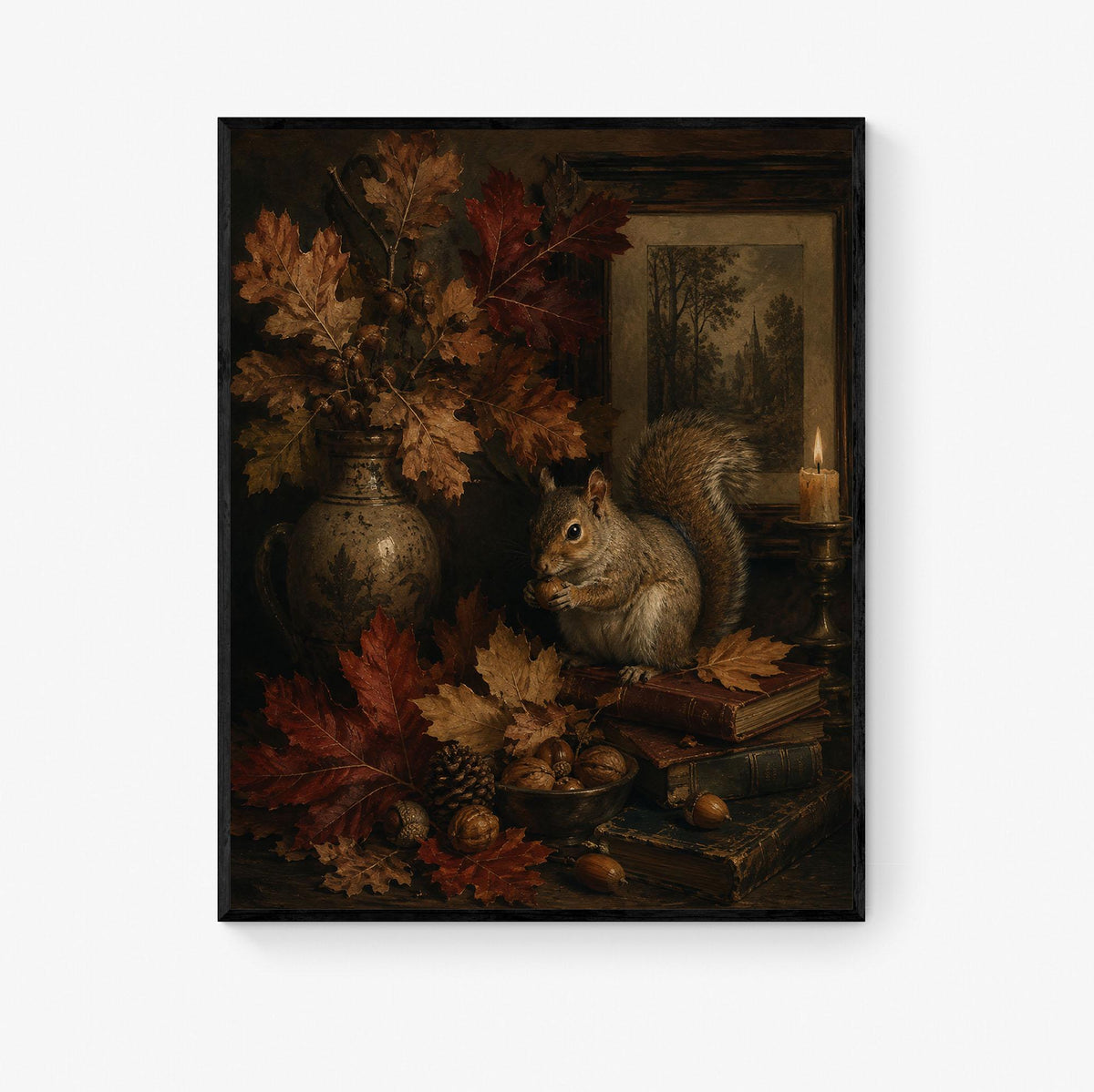 Dark Academia Squirrel Fall Wall Art Print, Autumn Vintage Library, Botanical, Home Decor