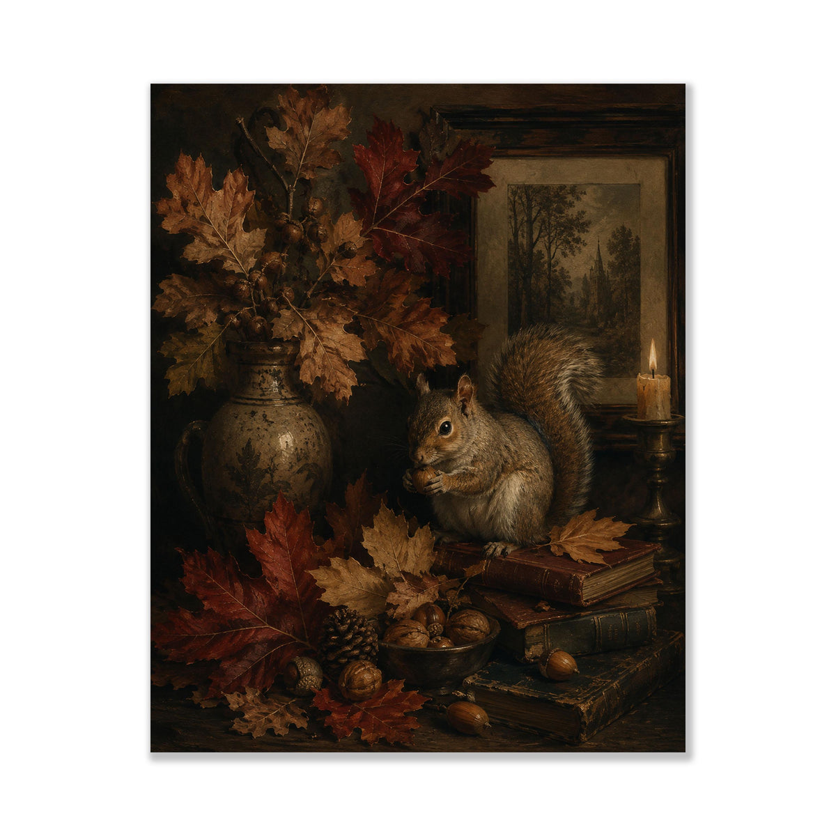 Dark Academia Squirrel Fall Wall Art Print, Autumn Vintage Library, Botanical, Home Decor