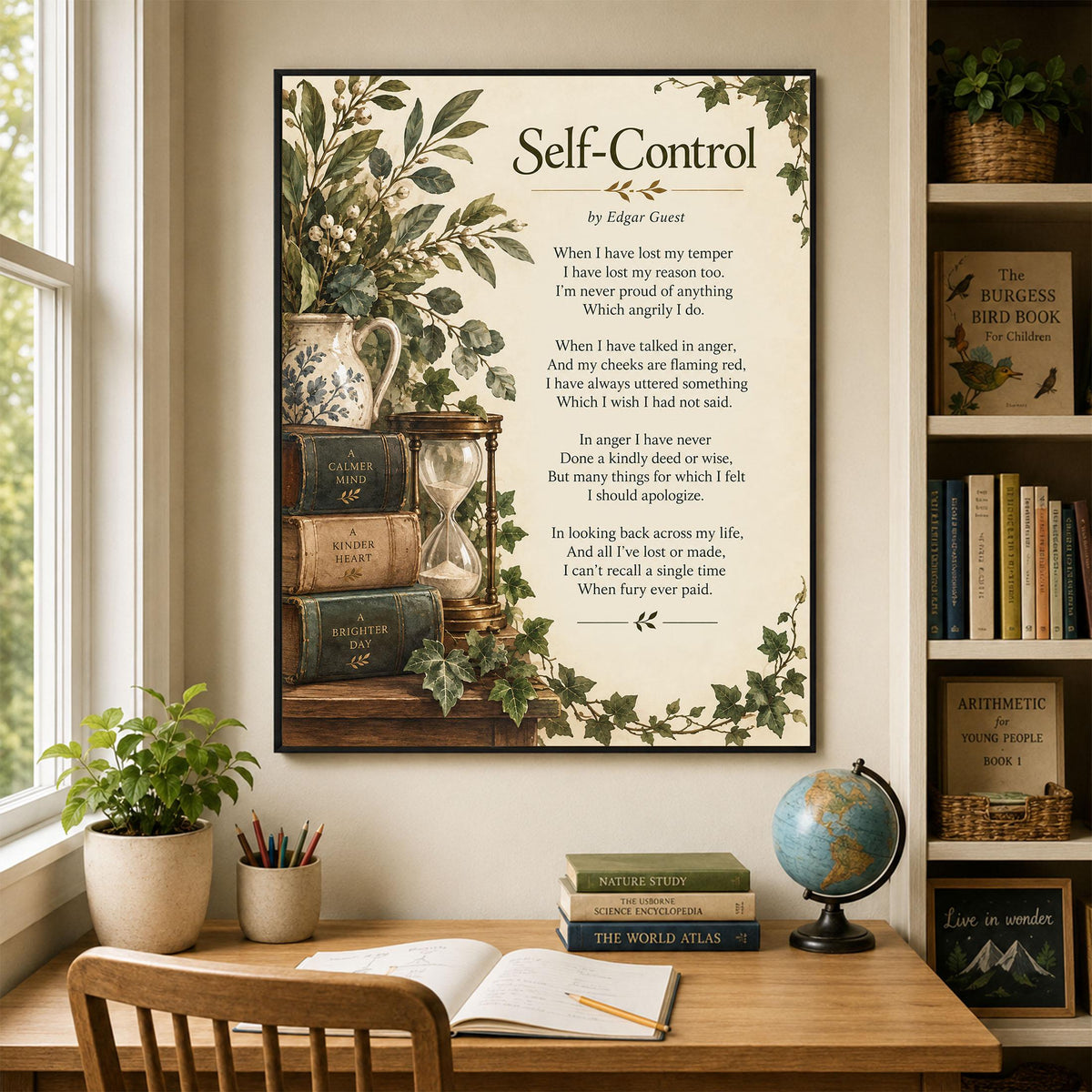 Self Control Wall Art Print | When I Have Lost My Temper | Edgar Guest Poem | Botanical | Literary Book | Inspirational Home Decor