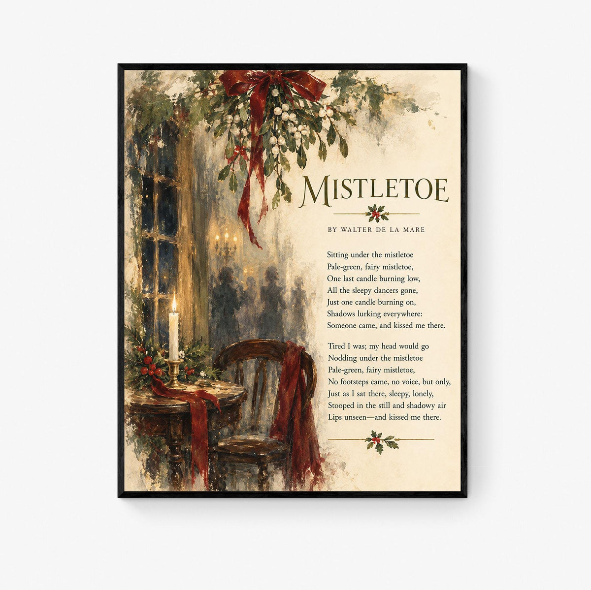 Mistletoe Poem Wall Art Print, Walter de la Mare, Christmas Holiday Home Decor