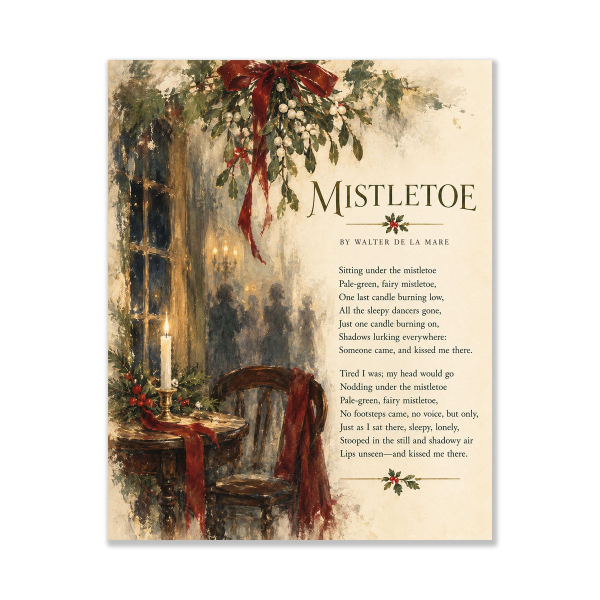 Mistletoe Poem Wall Art Print, Walter de la Mare, Christmas Holiday Home Decor