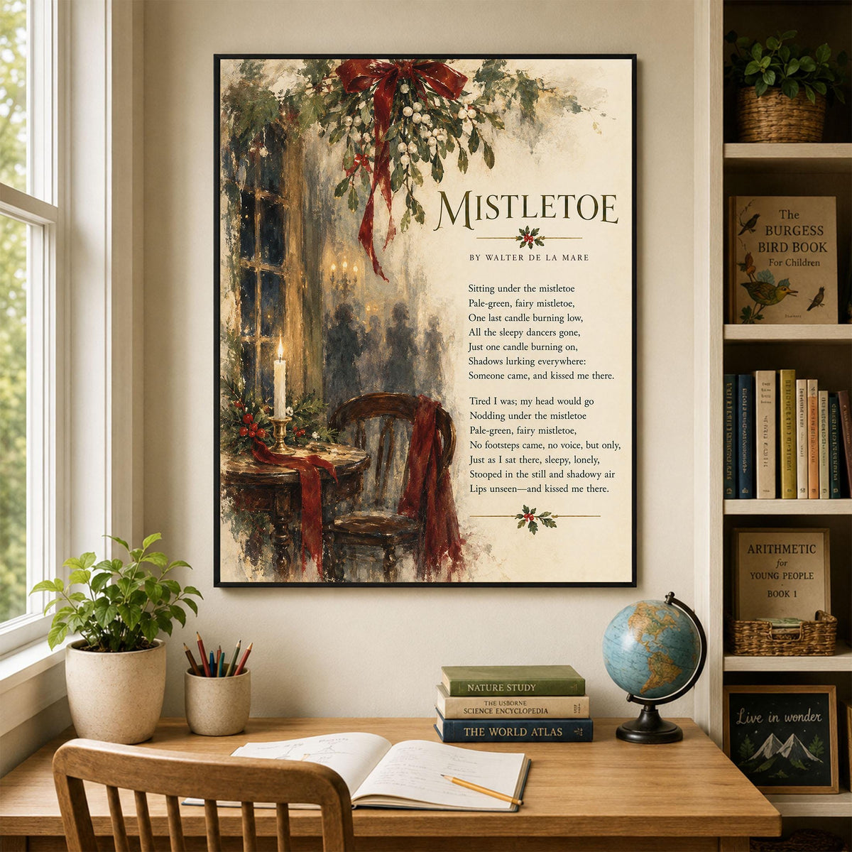 Mistletoe Poem Wall Art Print, Walter de la Mare, Christmas Holiday Home Decor