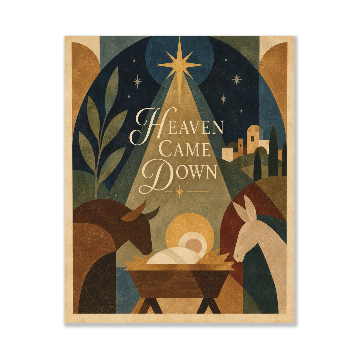 Heaven Came Down Nativity Wall Art Print, Christmas, Holiday Poem, Mid Century Home Decor