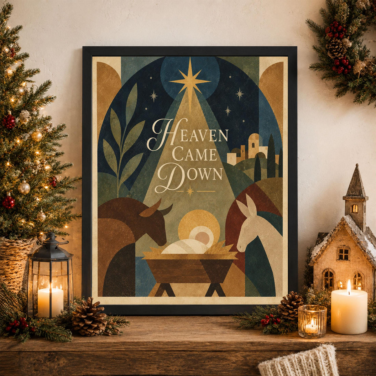 Heaven Came Down Nativity Wall Art Print, Christmas, Holiday Poem, Mid Century Home Decor