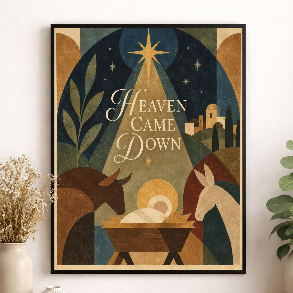 Heaven Came Down Nativity Wall Art Print, Christmas, Holiday Poem, Mid Century Home Decor