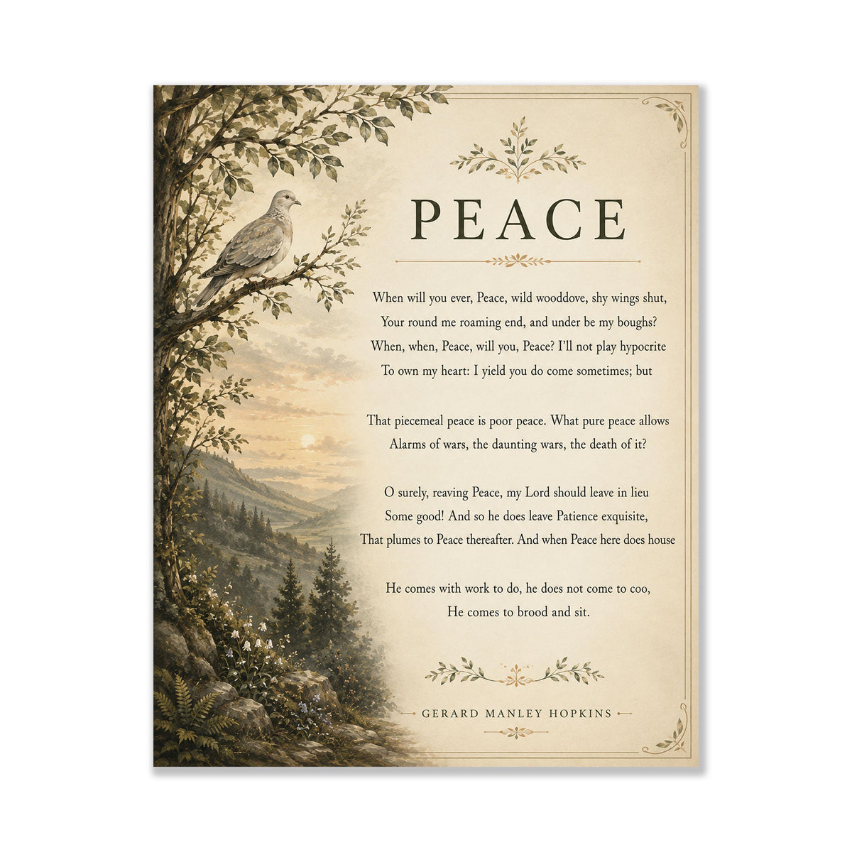 Peace Poem Wall Art Print | Gerard Manley Hopkins | Botanical Landscape | Literary | Inspirational Home Decor