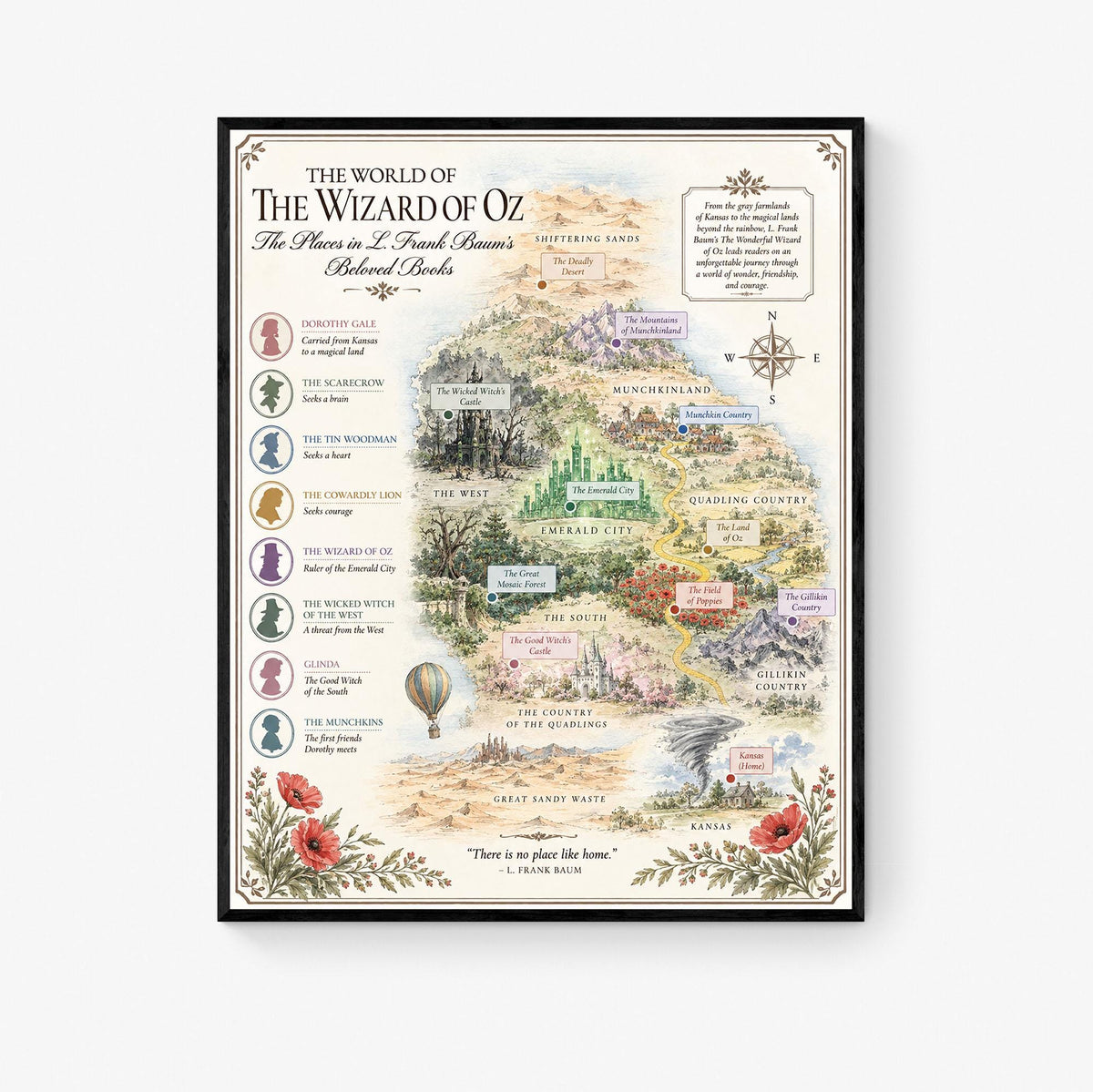 Wizard of Oz Books Map Art Print, L Frank Baum Literary Wall Artwork, Home Decor, Library Gift, Classic Novel Poster