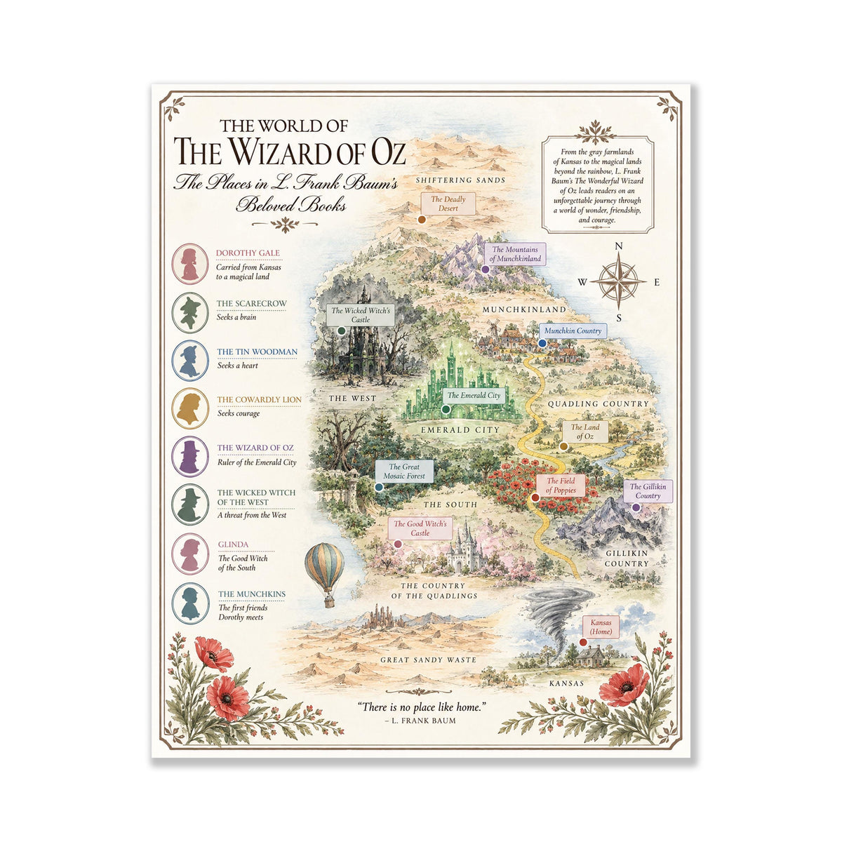 Wizard of Oz Books Map Art Print, L Frank Baum Literary Wall Artwork, Home Decor, Library Gift, Classic Novel Poster