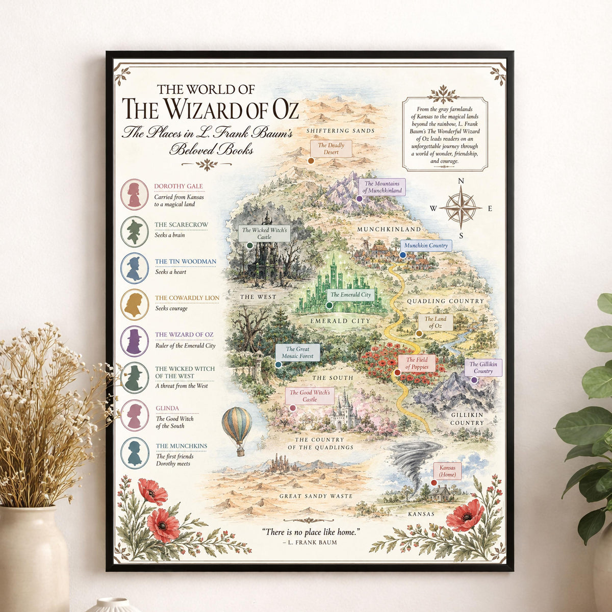 Wizard of Oz Books Map Art Print, L Frank Baum Literary Wall Artwork, Home Decor, Library Gift, Classic Novel Poster
