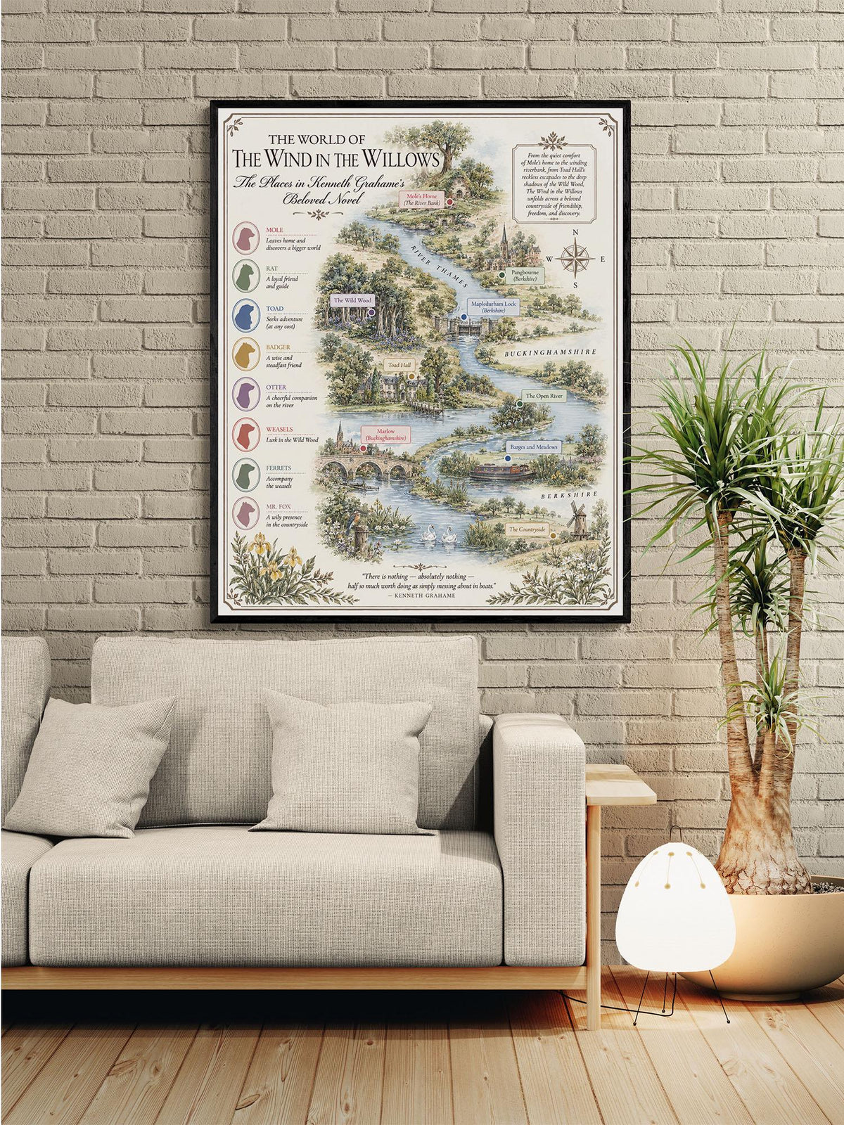 Wind in the Willows Books Map Art Print, Kenneth Grahame Literary Wall Artwork, Home Decor, Library Gift, Classic Novel Poster