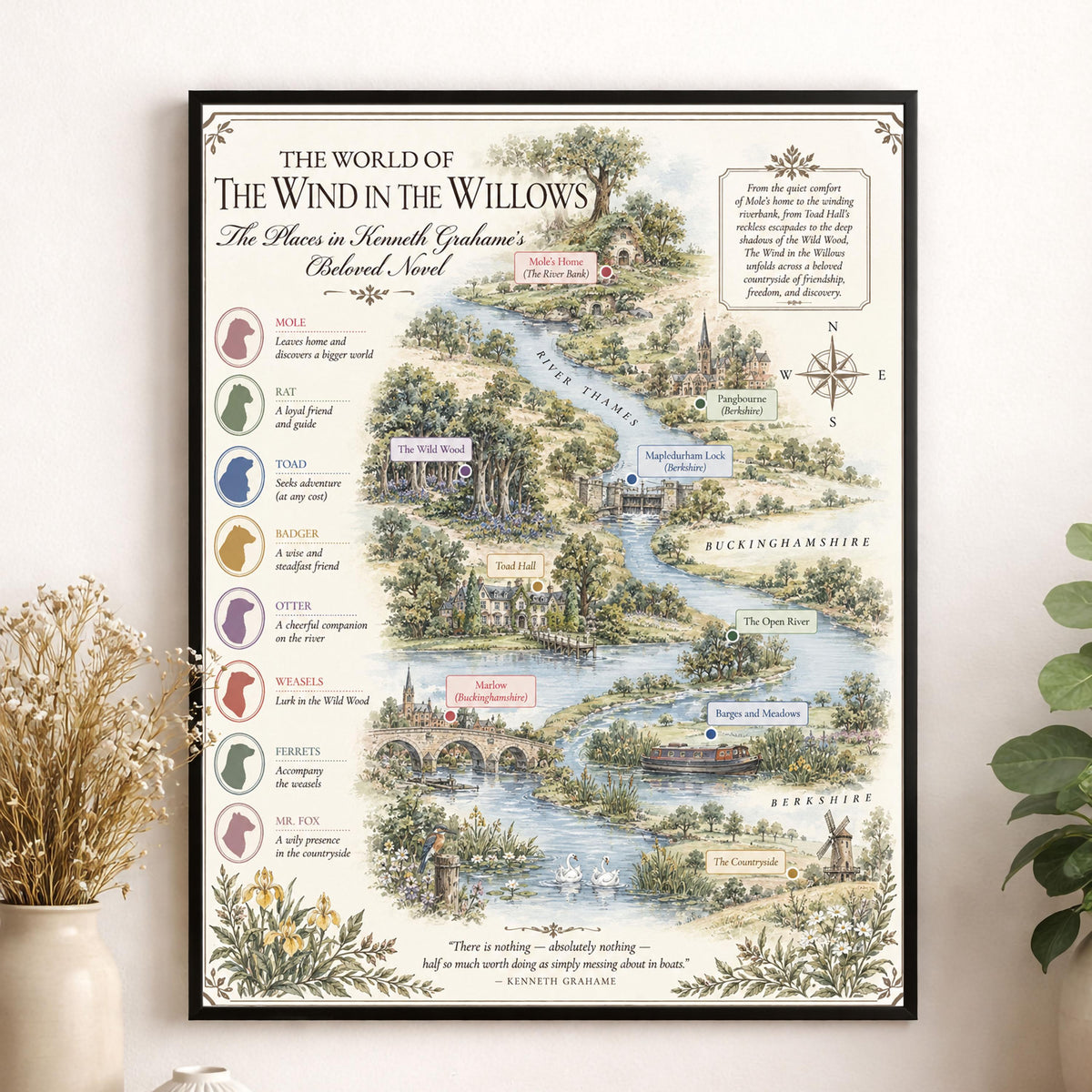 Wind in the Willows Books Map Art Print, Kenneth Grahame Literary Wall Artwork, Home Decor, Library Gift, Classic Novel Poster