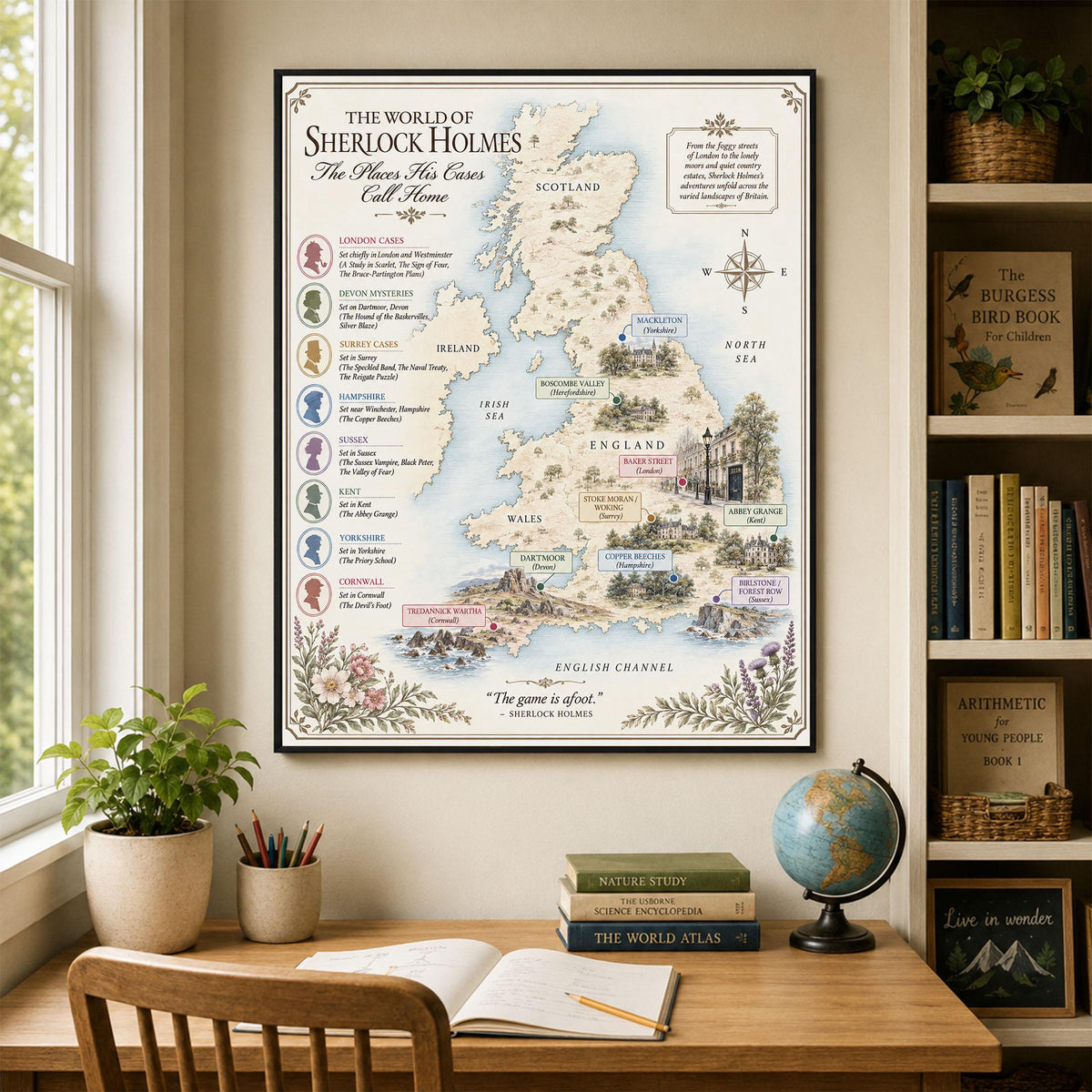 Sherlock Holmes Books Map Art Print, Arthur Conan Doyle Literary Wall Artwork, Home Decor, Library Gift, Classic Novel Poster