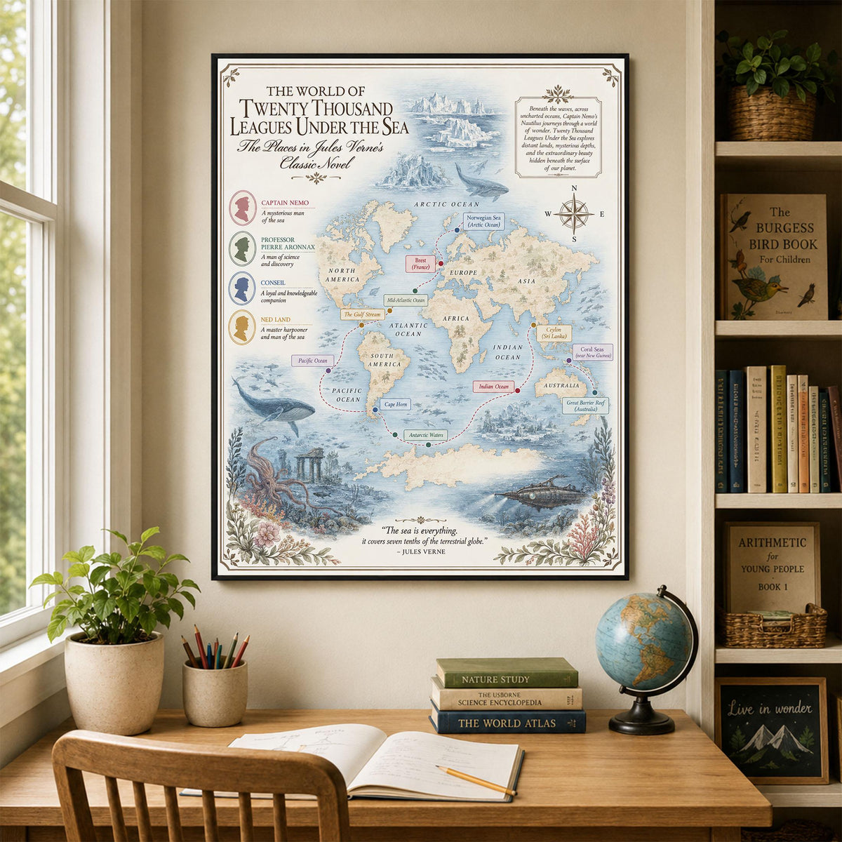 Twenty Thousand Leagues Under The Sea Books Map Art Print, Jules Verne Literary Wall Artwork, Home Decor, Library Gift, Classic Novel Poster
