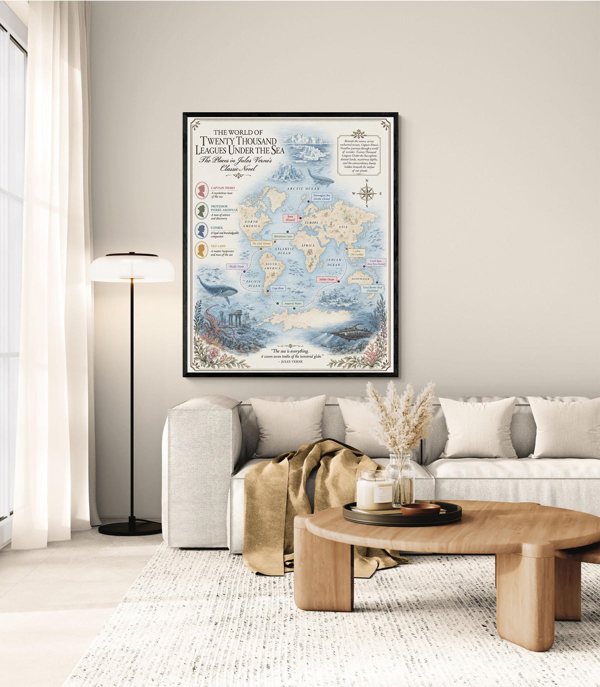 Twenty Thousand Leagues Under The Sea Books Map Art Print, Jules Verne Literary Wall Artwork, Home Decor, Library Gift, Classic Novel Poster