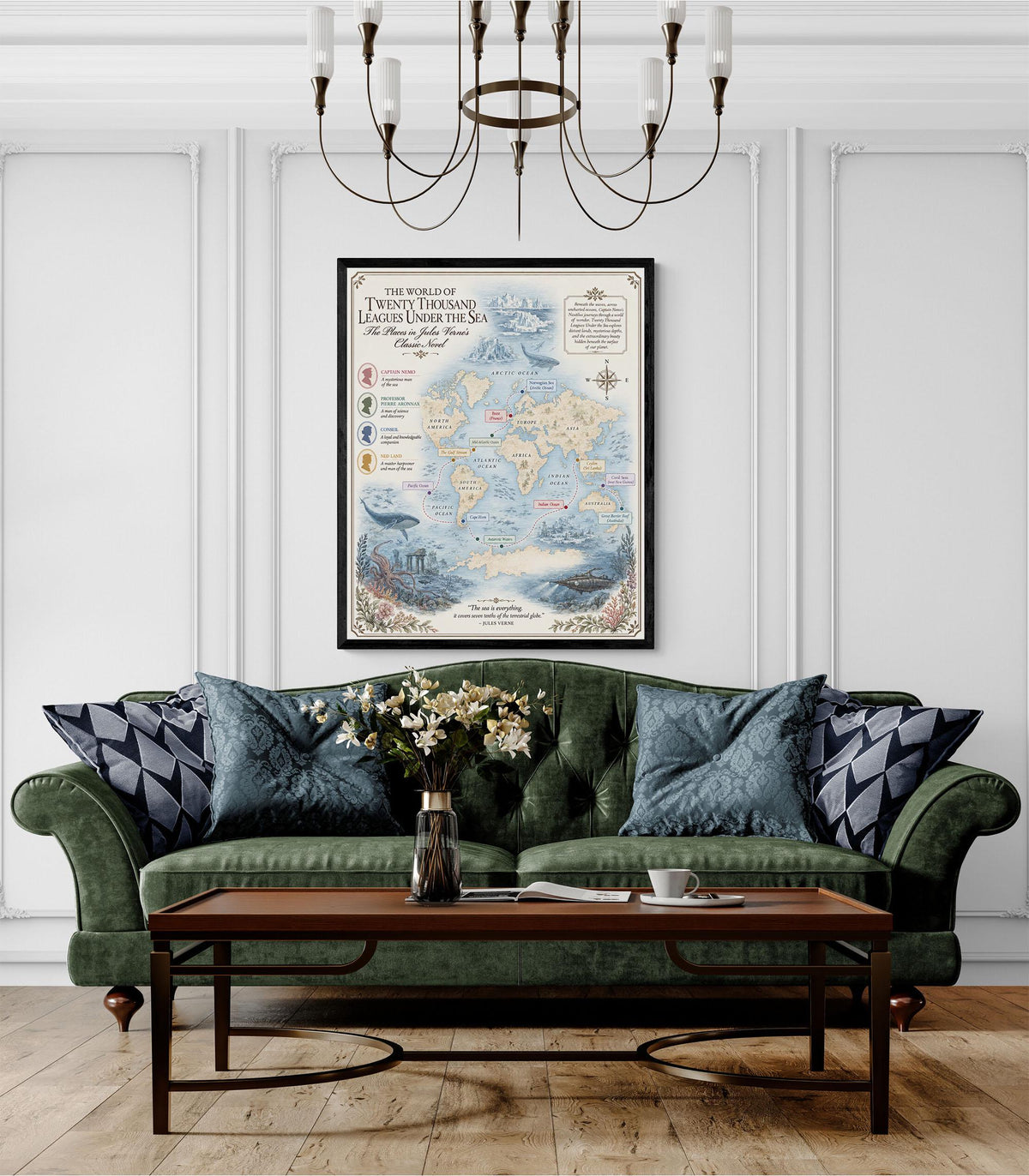 Twenty Thousand Leagues Under The Sea Books Map Art Print, Jules Verne Literary Wall Artwork, Home Decor, Library Gift, Classic Novel Poster