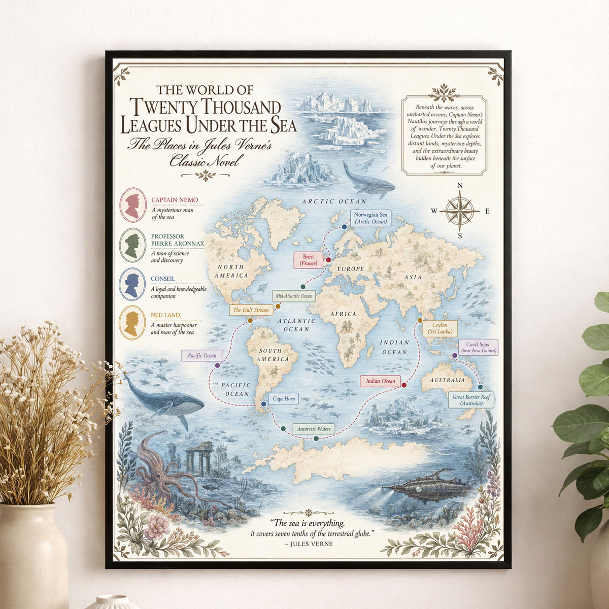 Twenty Thousand Leagues Under The Sea Books Map Art Print, Jules Verne Literary Wall Artwork, Home Decor, Library Gift, Classic Novel Poster