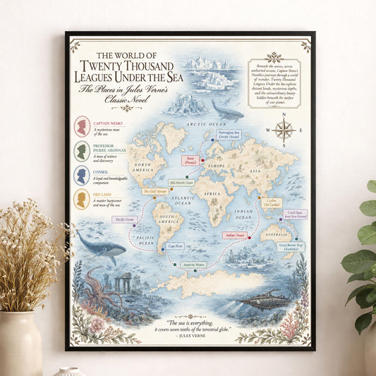 Twenty Thousand Leagues Under The Sea Books Map Art Print, Jules Verne Literary Wall Artwork, Home Decor, Library Gift, Classic Novel Poster
