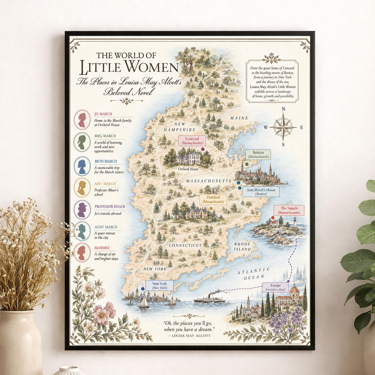Little Women Book Map Art Print, Louisa May Alcott, Literary Wall Artwork, Home Decor, Library Gift, Classic Novel Poster
