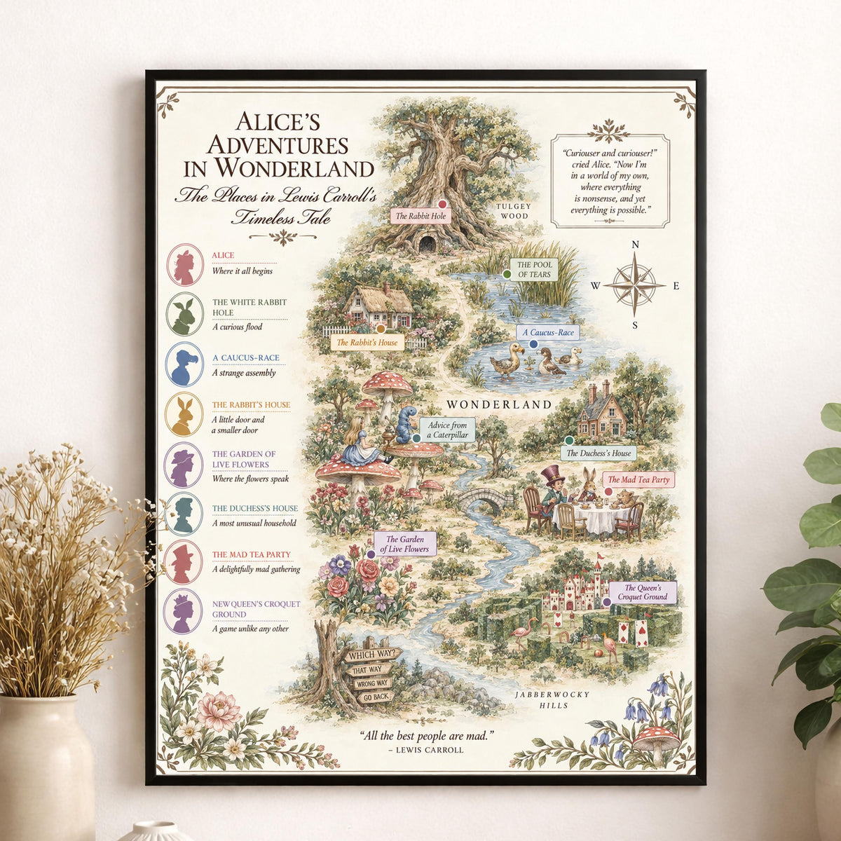 Alice In Wonderland Books Map Art Print, Lewis Carroll Literary Wall Artwork, Home Decor, Library Gift, Classic Novel Poster