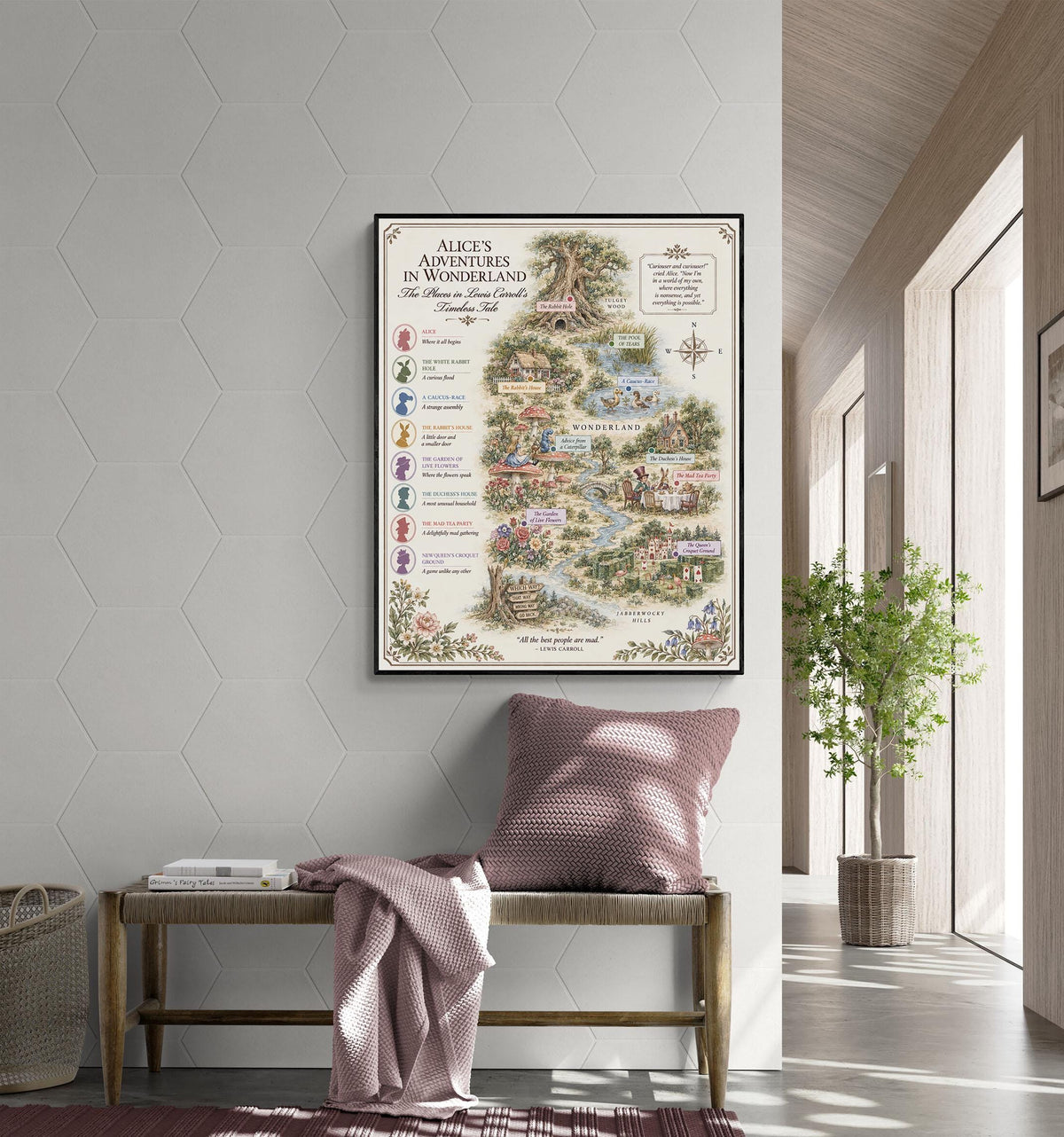Alice In Wonderland Books Map Art Print, Lewis Carroll Literary Wall Artwork, Home Decor, Library Gift, Classic Novel Poster