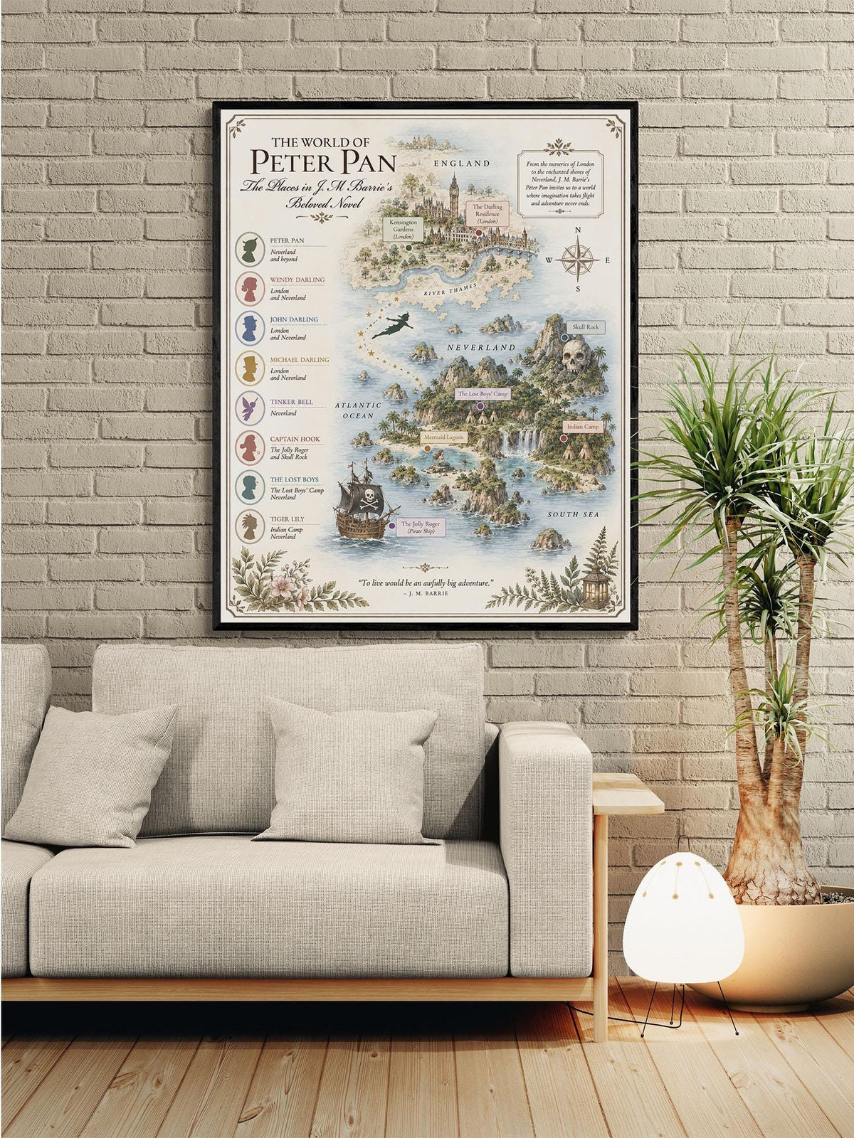 Peter Pan Neverland Book Map Art Print, JM Barrie Literary Wall Artwork, Home Decor, Library Gift, Classic Novel Poster