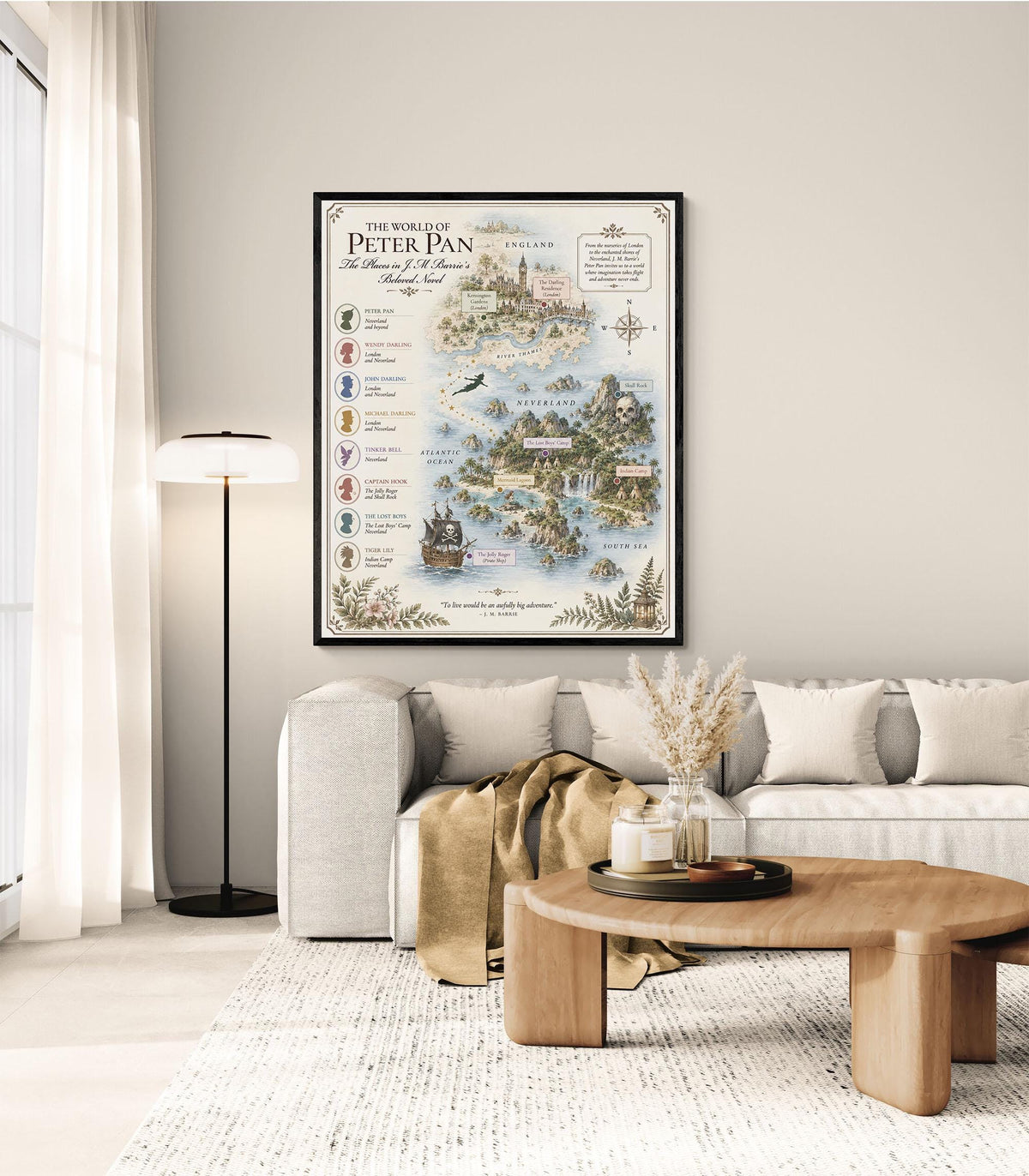 Peter Pan Neverland Book Map Art Print, JM Barrie Literary Wall Artwork, Home Decor, Library Gift, Classic Novel Poster