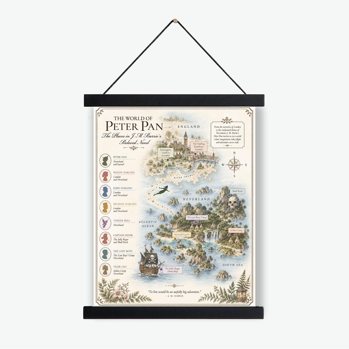 Peter Pan Neverland Book Map Art Print, JM Barrie Literary Wall Artwork, Home Decor, Library Gift, Classic Novel Poster