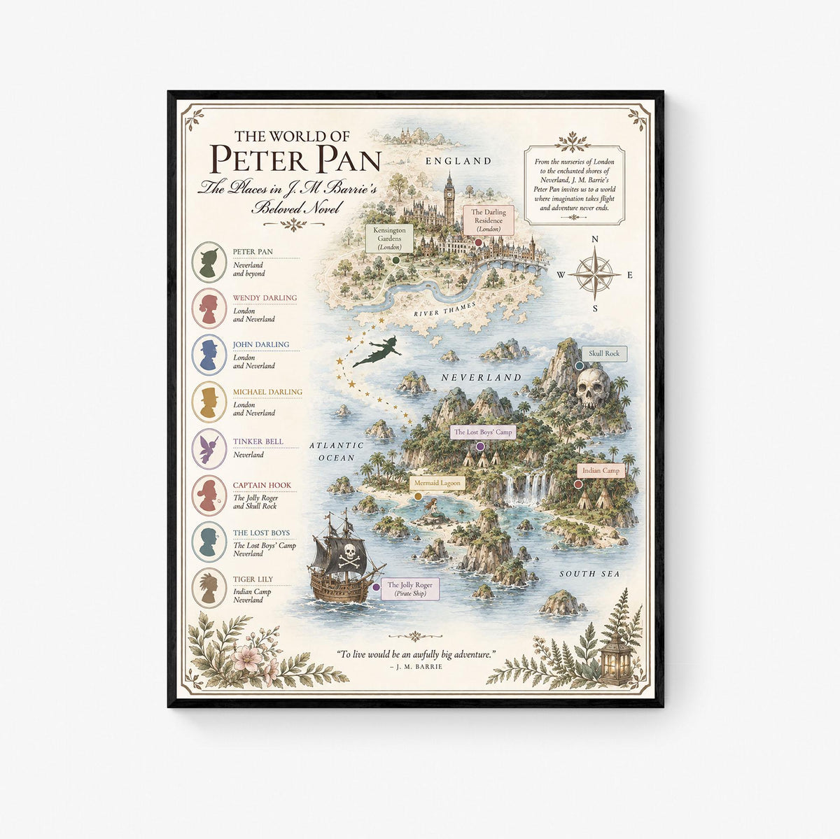 Peter Pan Neverland Book Map Art Print, JM Barrie Literary Wall Artwork, Home Decor, Library Gift, Classic Novel Poster