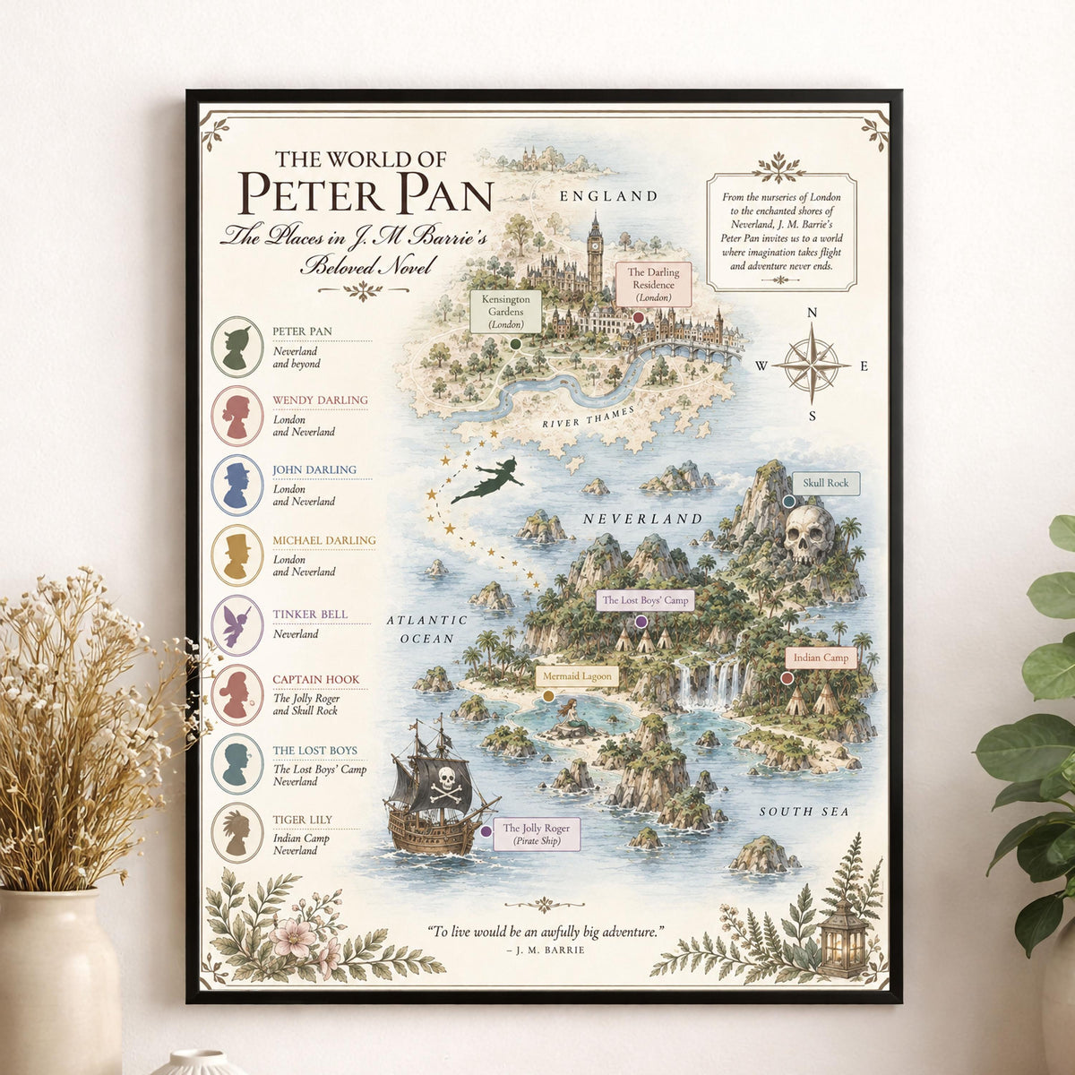 Peter Pan Neverland Book Map Art Print, JM Barrie Literary Wall Artwork, Home Decor, Library Gift, Classic Novel Poster