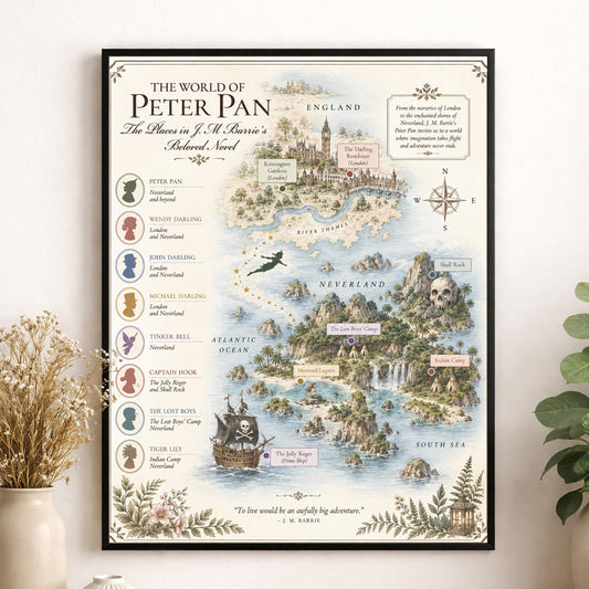 Peter Pan Neverland Book Map Art Print, JM Barrie Literary Wall Artwork, Home Decor, Library Gift, Classic Novel Poster