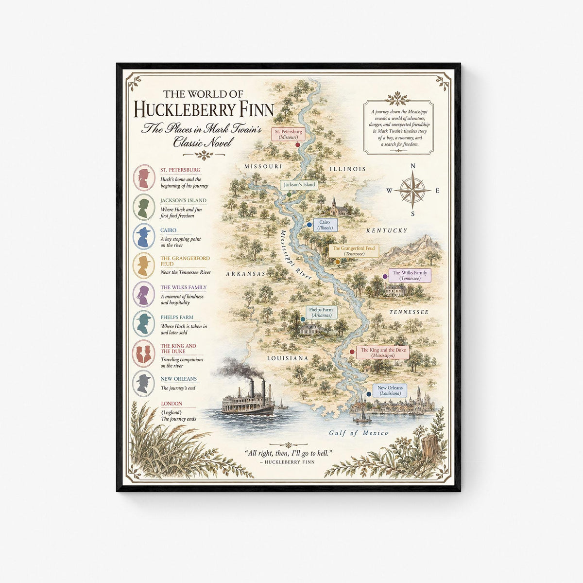 Huckleberry Finn Books Map Art Print, Mark Twain Literary Wall Artwork, Home Decor, Library Gift, Classic Novel Poster