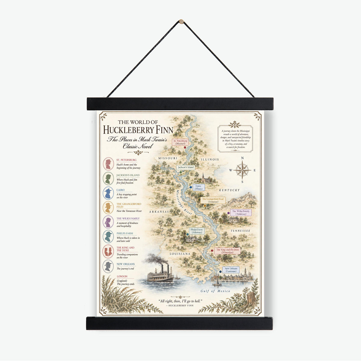 Huckleberry Finn Books Map Art Print, Mark Twain Literary Wall Artwork, Home Decor, Library Gift, Classic Novel Poster