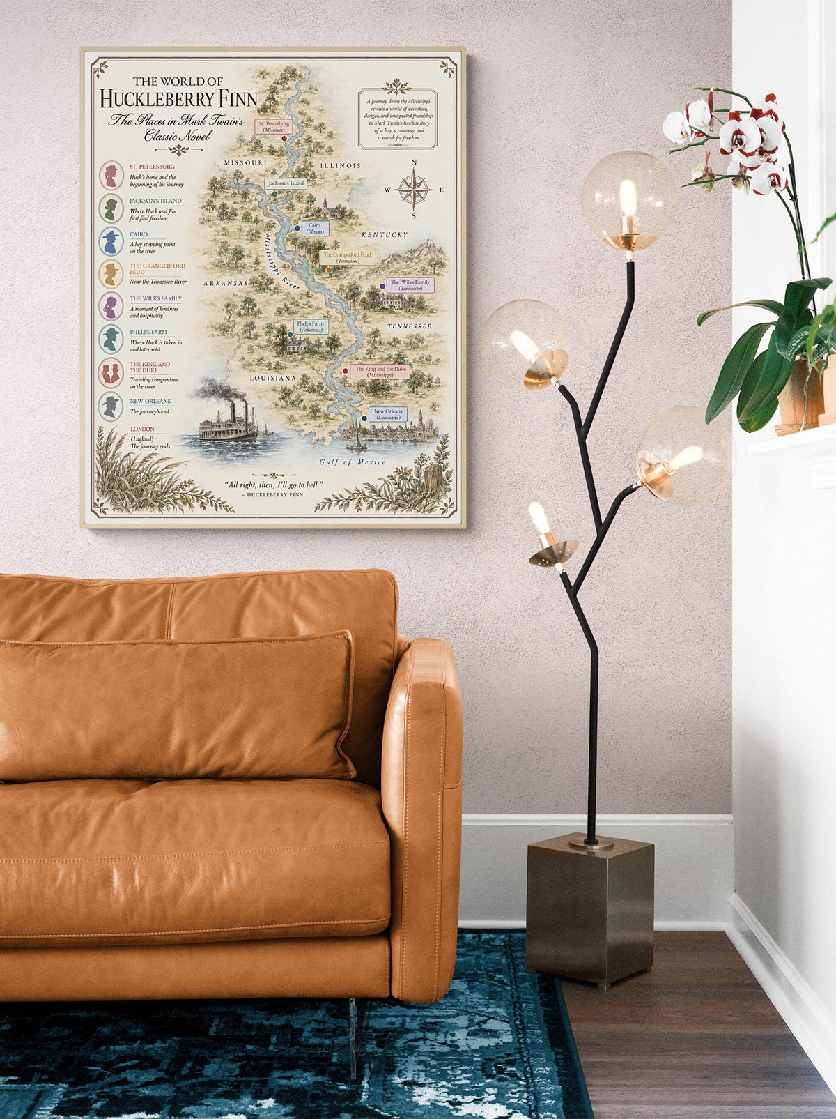 Huckleberry Finn Books Map Art Print, Mark Twain Literary Wall Artwork, Home Decor, Library Gift, Classic Novel Poster