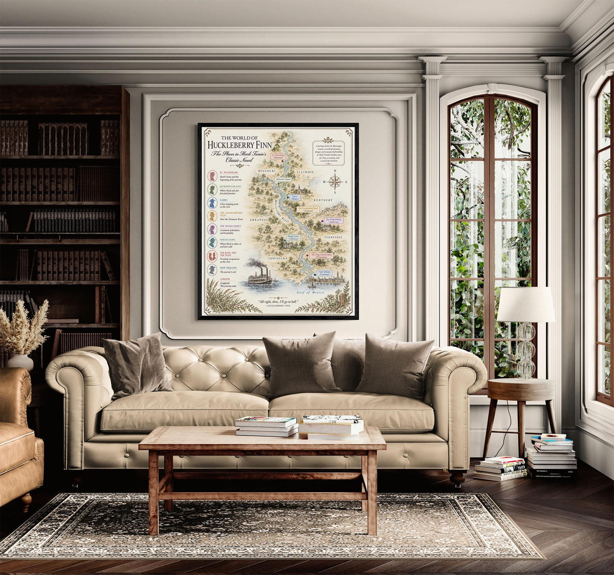 Huckleberry Finn Books Map Art Print, Mark Twain Literary Wall Artwork, Home Decor, Library Gift, Classic Novel Poster