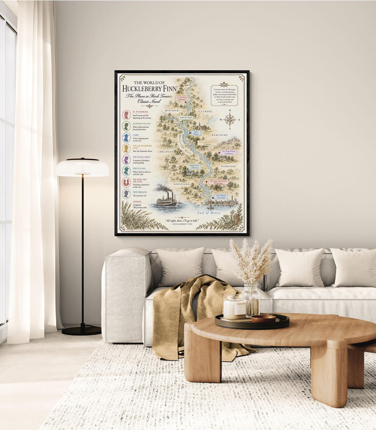 Tom Sawyer Books Map Art Print, Mark Twain Literary Wall Artwork, Home Decor, Library Gift, Classic Novel Poster
