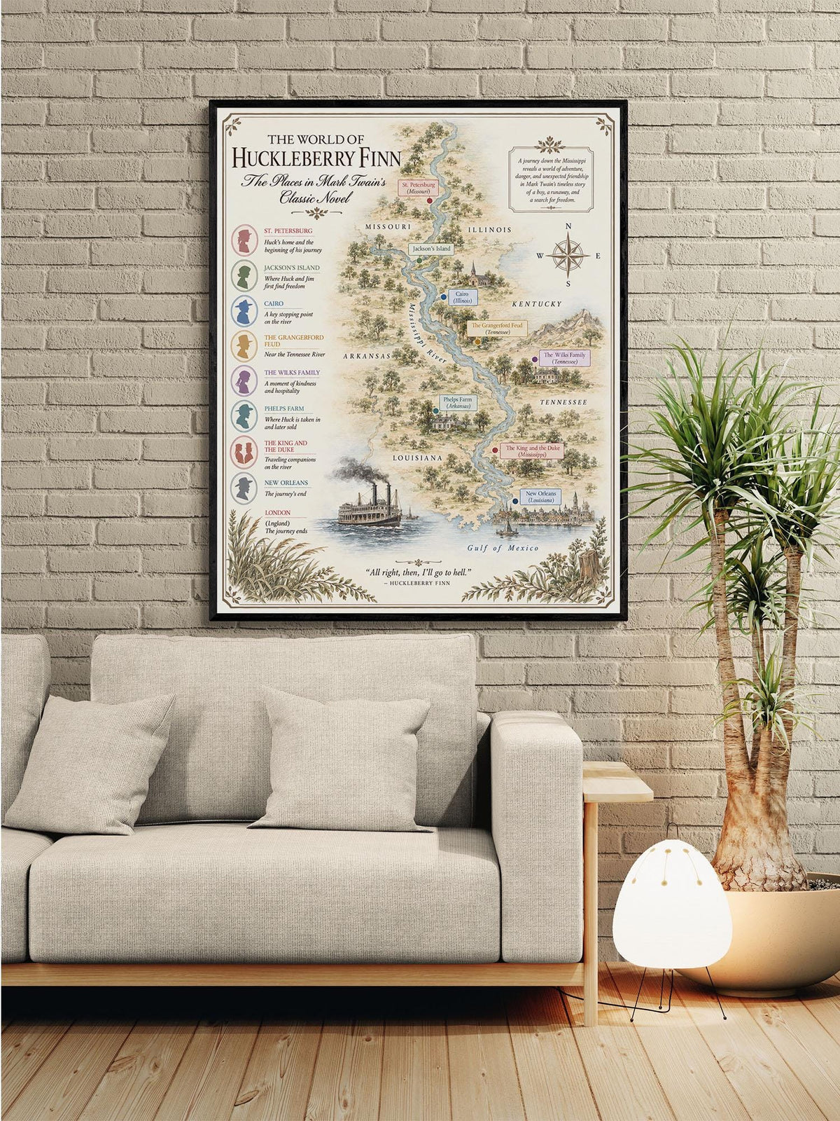 Tom Sawyer Books Map Art Print, Mark Twain Literary Wall Artwork, Home Decor, Library Gift, Classic Novel Poster