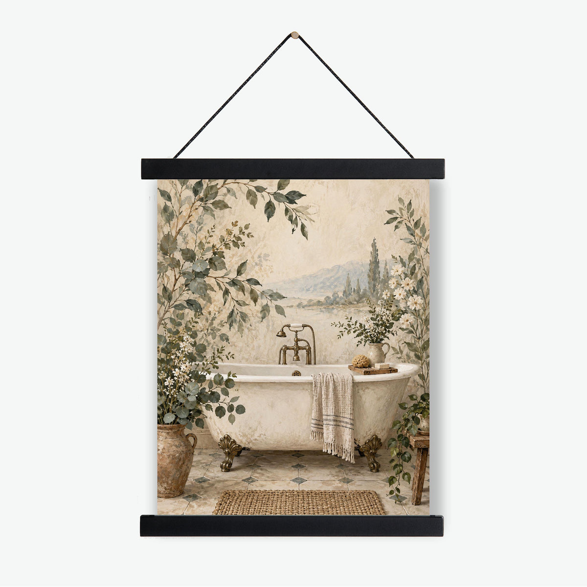 Vintage Botanical Bathroom Wall Art, Clawfoot Tub Print, Cottage Bathroom Decor