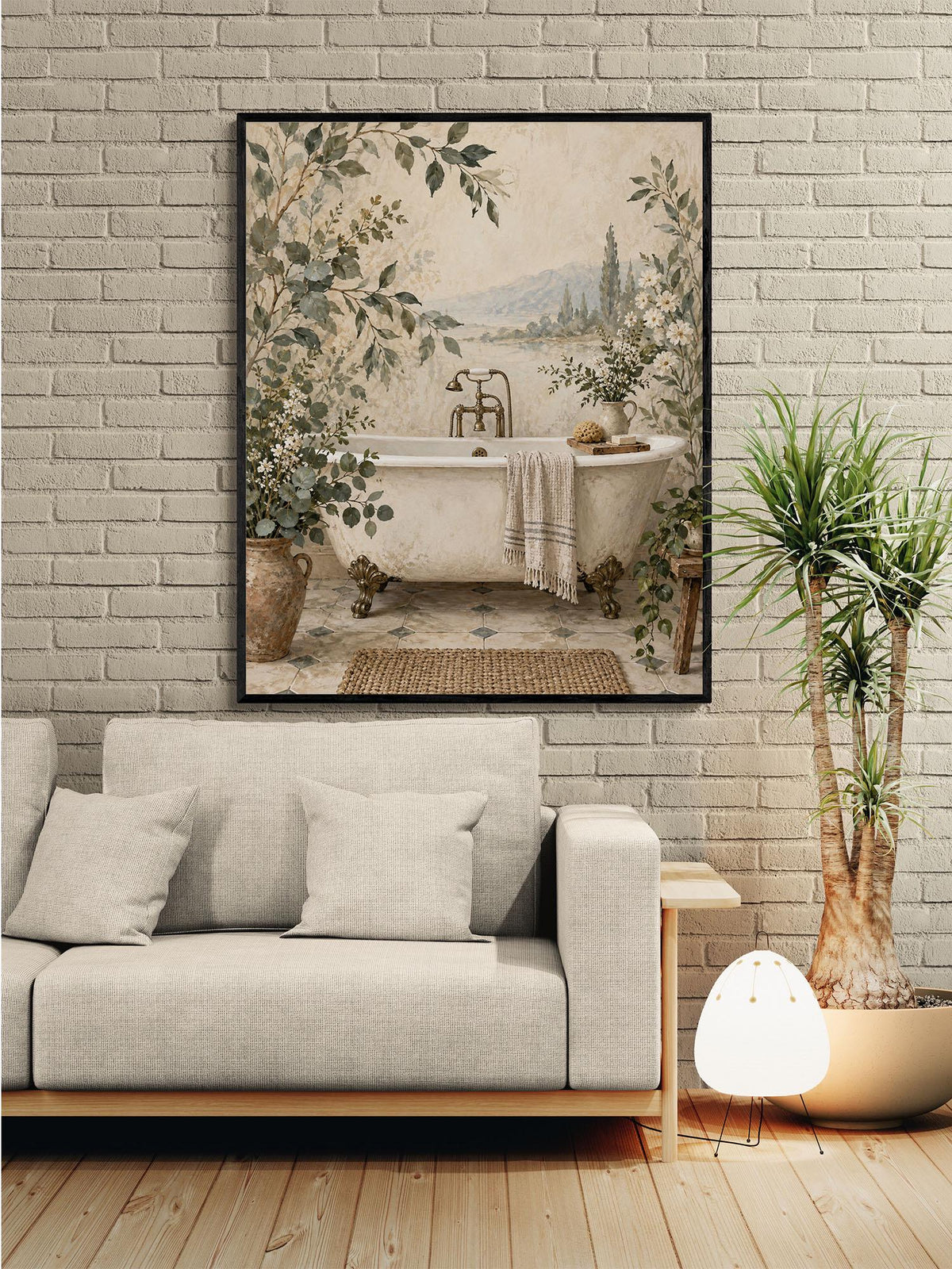 Vintage Botanical Bathroom Wall Art, Clawfoot Tub Print, Cottage Bathroom Decor