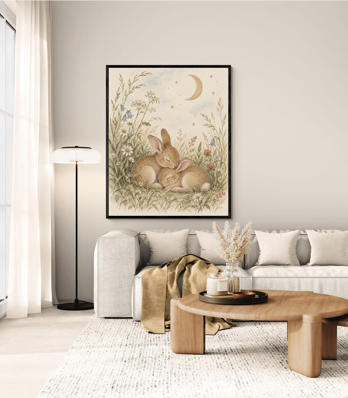 Bunny Nursery Wall Art Print, Watercolor Rabbits and Moon, Woodland Nursery Decor
