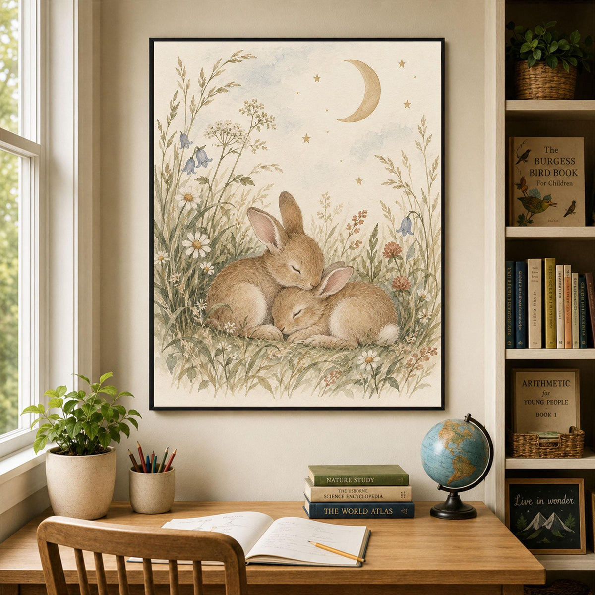 Bunny Nursery Wall Art Print, Watercolor Rabbits and Moon, Woodland Nursery Decor