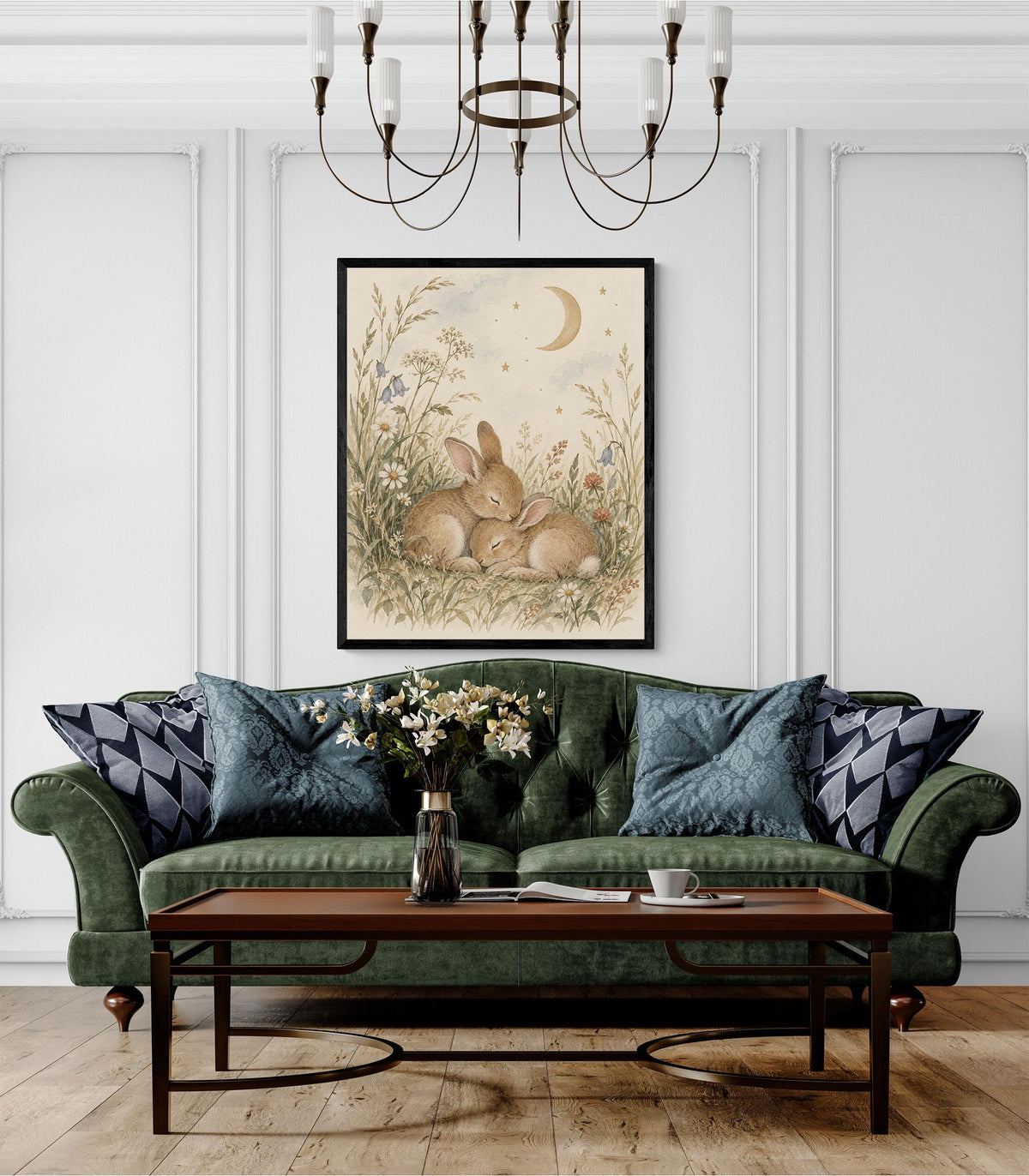 Bunny Nursery Wall Art Print, Watercolor Rabbits and Moon, Woodland Nursery Decor
