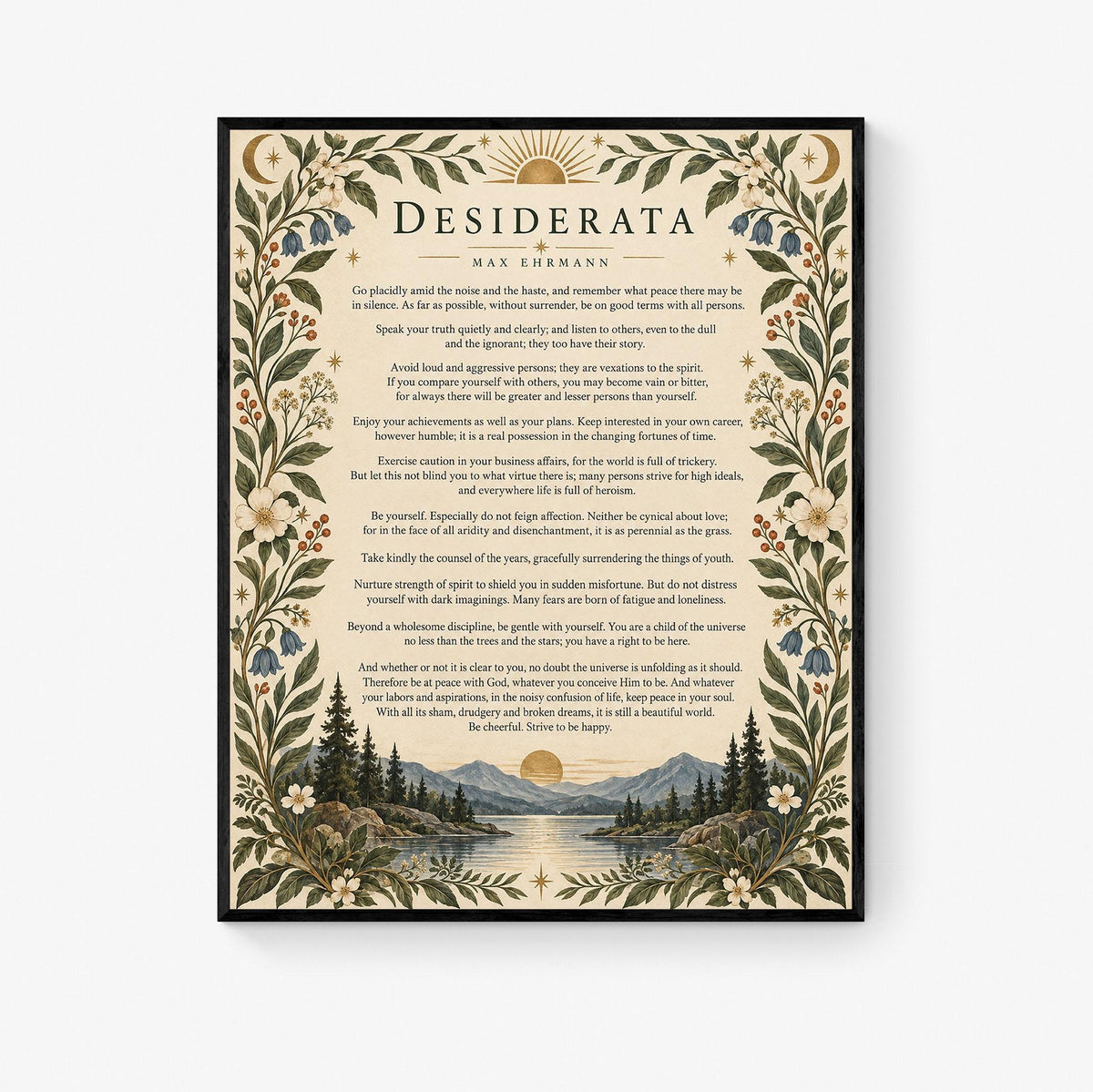Desiderata Wall Art Print | Go Placidly Amid The Noise | Max Ehrmann Poem | Mountain Landscape | Literary Book | Floral Home Decor
