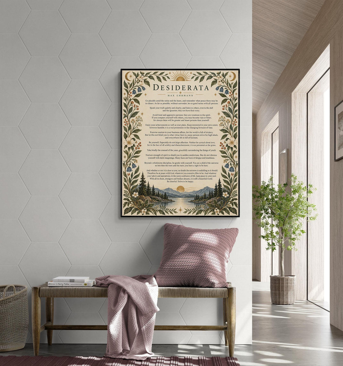 Desiderata Wall Art Print | Go Placidly Amid The Noise | Max Ehrmann Poem | Mountain Landscape | Literary Book | Floral Home Decor