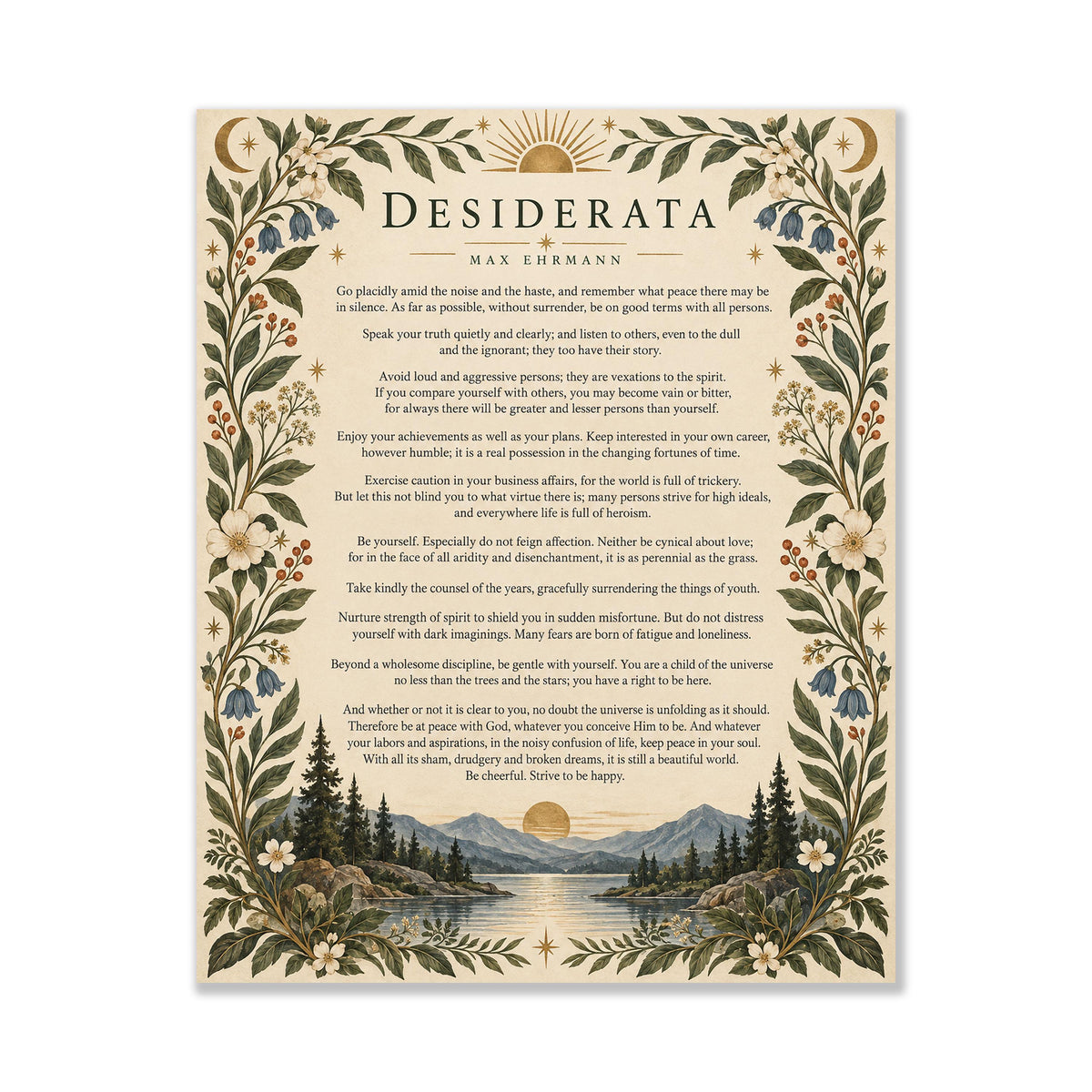 Desiderata Wall Art Print | Go Placidly Amid The Noise | Max Ehrmann Poem | Mountain Landscape | Literary Book | Floral Home Decor
