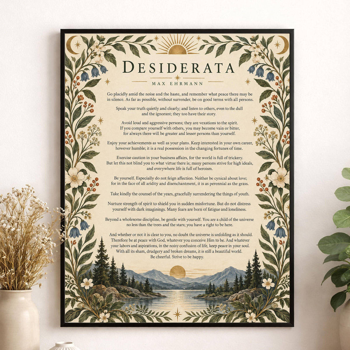 Desiderata Wall Art Print | Go Placidly Amid The Noise | Max Ehrmann Poem | Mountain Landscape | Literary Book | Floral Home Decor